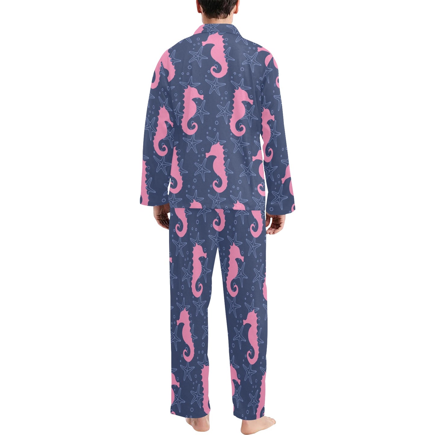 SeaHorse Pink Pattern Print Design 02 Men's Long Pajama Set
