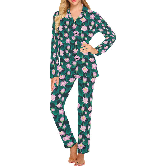 Water Lily Print Design LKS302 Women's Long Pajama Set