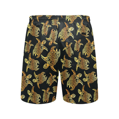 Gold Tribal Turtle Polynesian Themed Men's Swim Trunks Beach Shorts