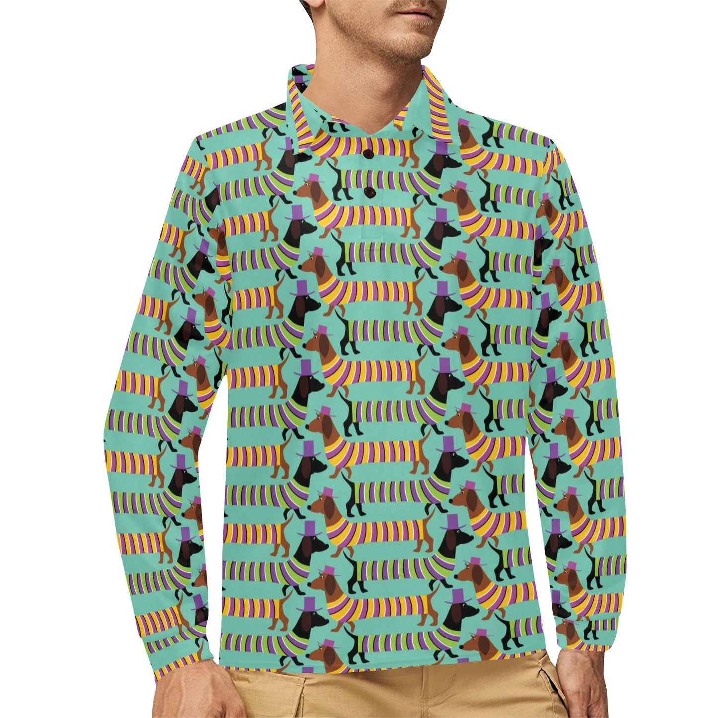 Dachshund Pattern Print Design 05 Long Sleeve Polo Shirt For Men's