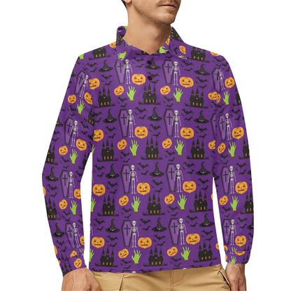 Halloween Print Design LKS403 Long Sleeve Polo Shirt For Men's