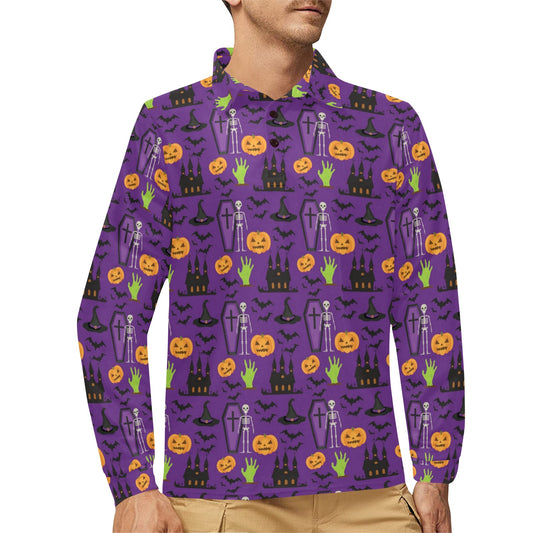 Halloween Print Design LKS403 Long Sleeve Polo Shirt For Men's