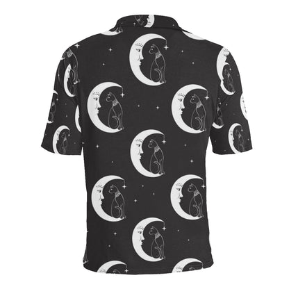 Moon with Cat Pattern Print Design 04 Men Polo Shirt