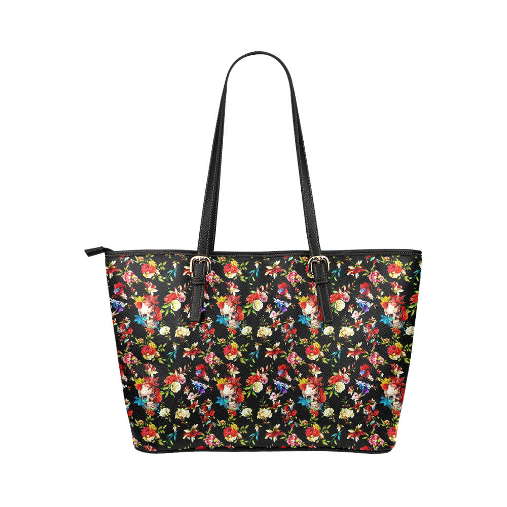 Skull Roses Flower Design Themed Print Leather Tote Bag