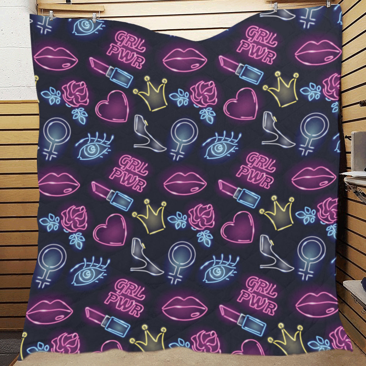 Lipstick Neon Pattern Print Design 02 Premium Quilt