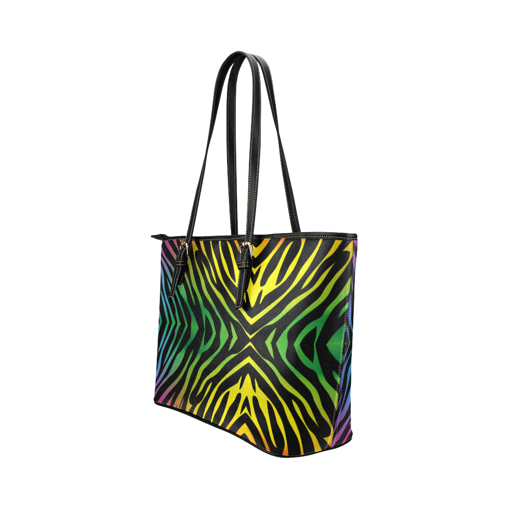 Rainbow Zebra Themed Print Leather Tote Bag