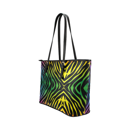 Rainbow Zebra Themed Print Leather Tote Bag