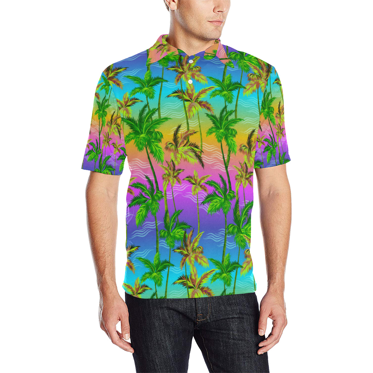Palm Tree Rainbow Pattern Men Polo Shirt