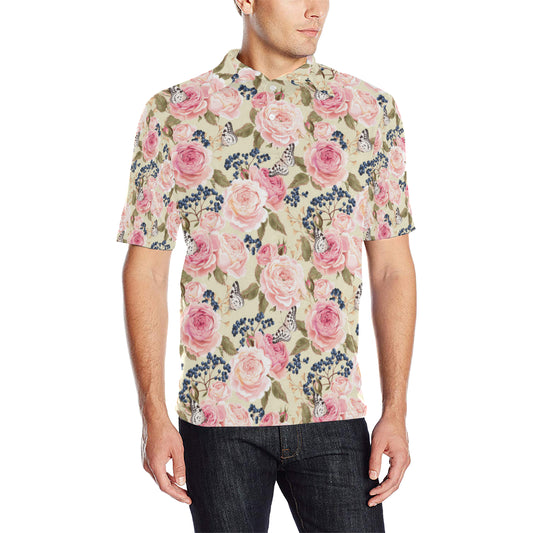Floral Pink Butterfly Print Men Polo Shirt