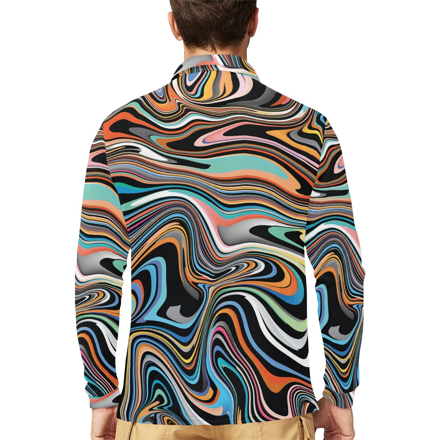 Liquid Pattern Print Design 02 Long Sleeve Polo Shirt For Men's