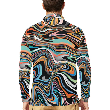 Liquid Pattern Print Design 02 Long Sleeve Polo Shirt For Men's