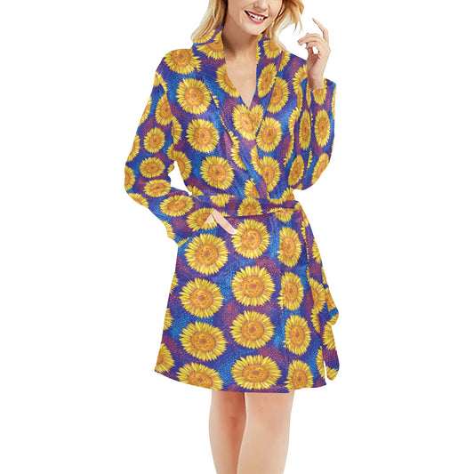 Sunflower Hand Drawn Style Print Women's Fleece Robe