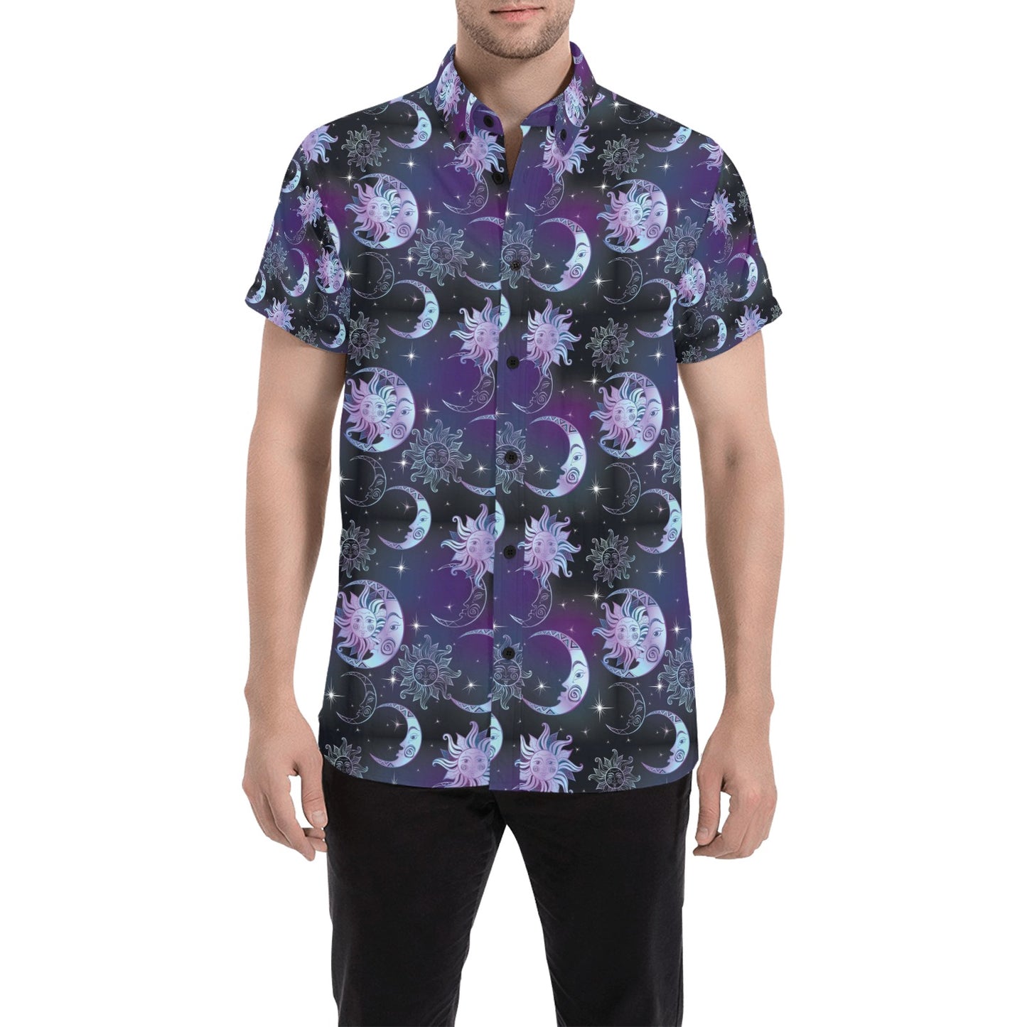 Sun Moon Print Design LKS303 Men Short Sleeve Button Up Shirt