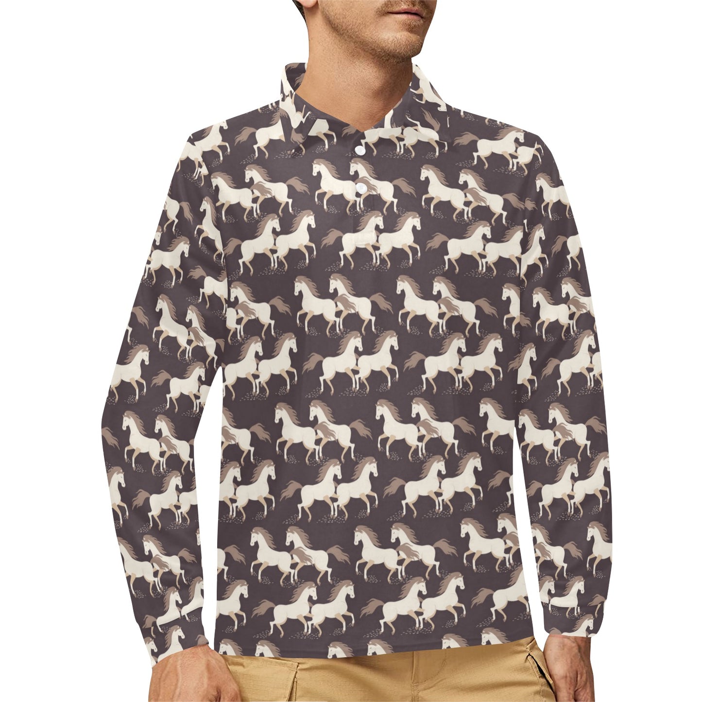 Horse Print Design LKS304 Long Sleeve Polo Shirt For Men's