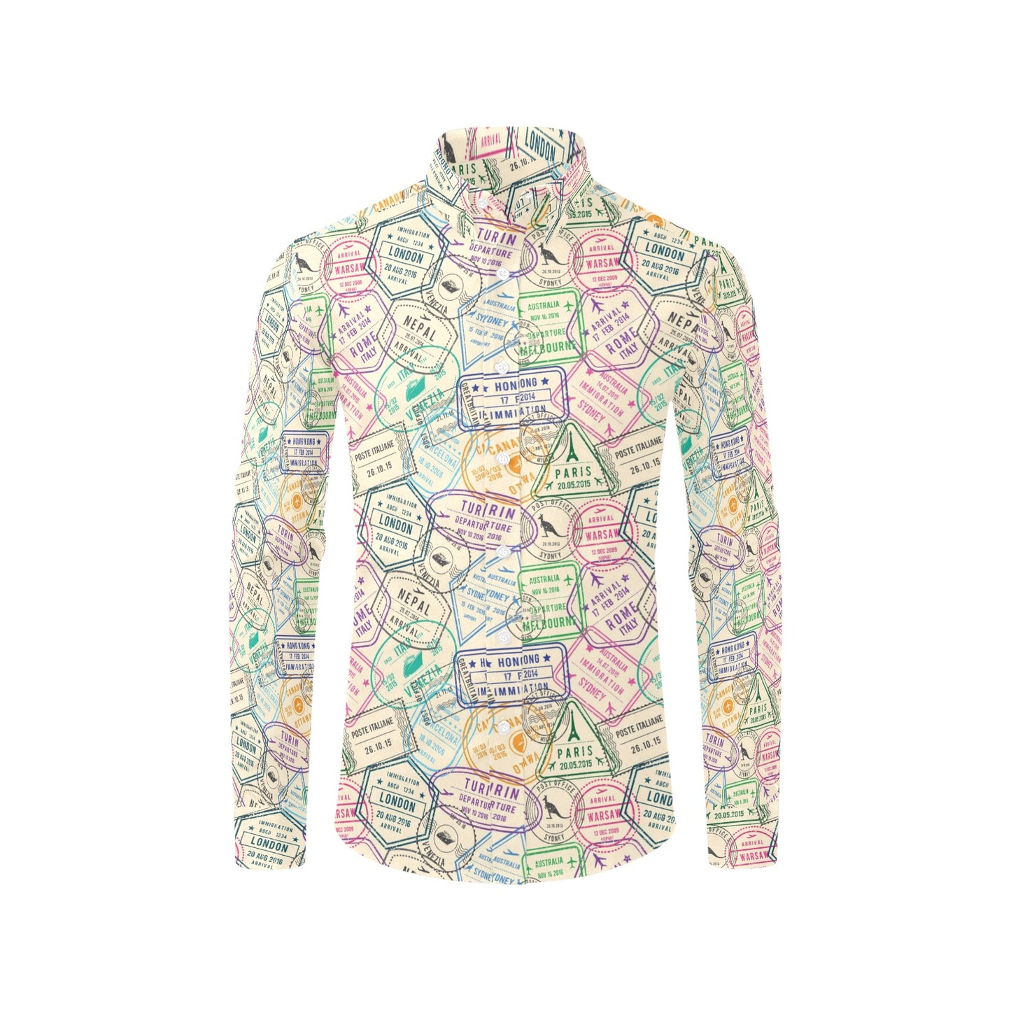 Travel Stamp Print Design LKS303 Men's Long Sleeve Dress Shirt