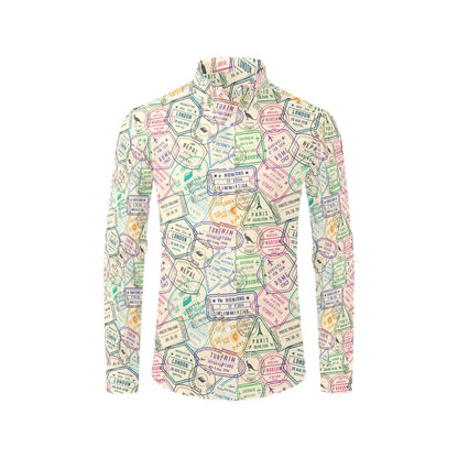 Travel Stamp Print Design LKS303 Men's Long Sleeve Dress Shirt