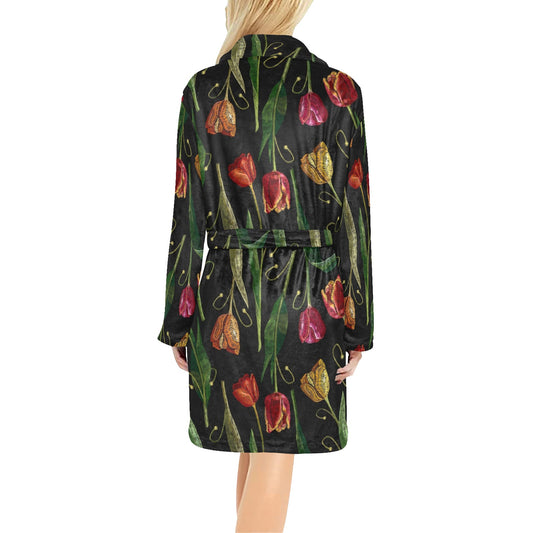 Tulip Embroidered Pattern Print Design TP01 Women's Fleece Robe