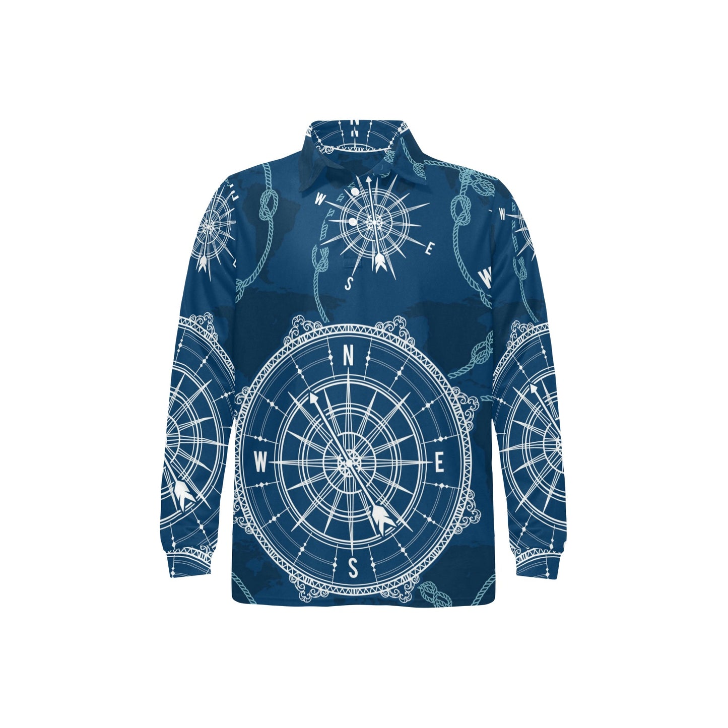 Nautical Compass Print Long Sleeve Polo Shirt For Men's