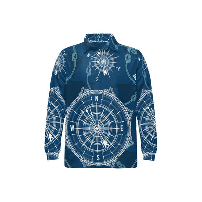 Nautical Compass Print Long Sleeve Polo Shirt For Men's