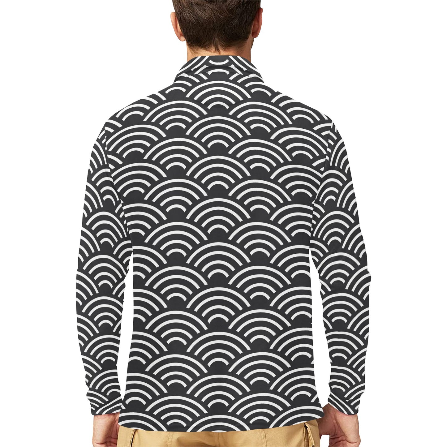 Scales Black White Pattern Print Design 03 Long Sleeve Polo Shirt For Men's