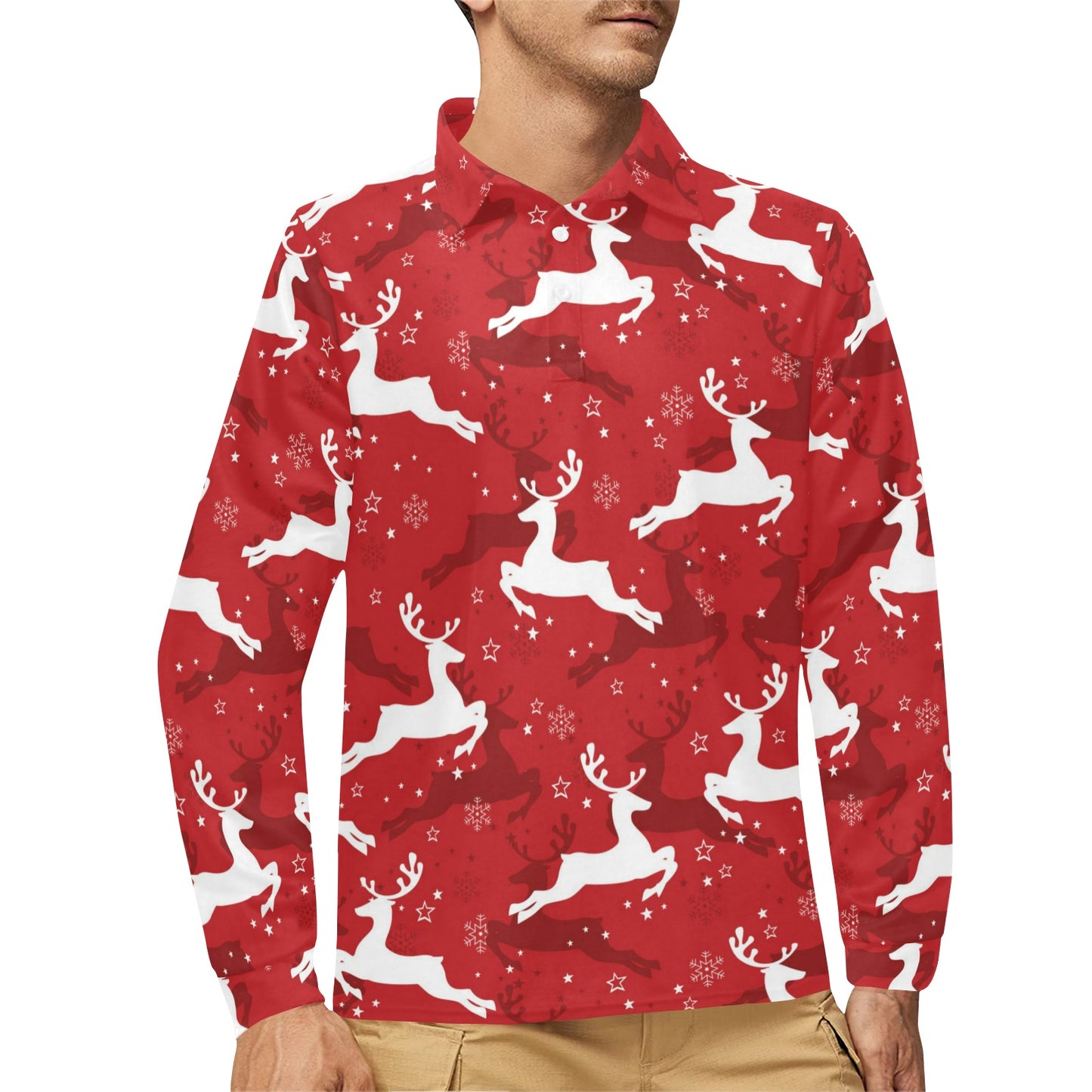 Reindeer Red Pattern Print Design 01 Long Sleeve Polo Shirt For Men's