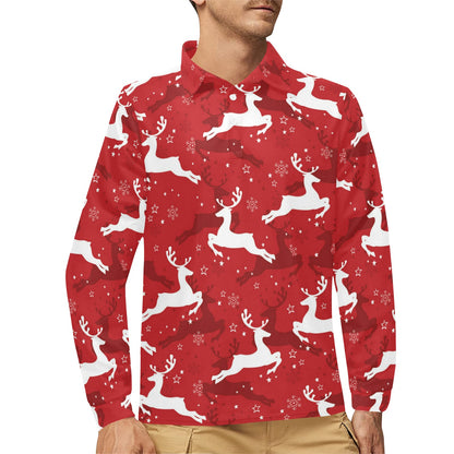 Reindeer Red Pattern Print Design 01 Long Sleeve Polo Shirt For Men's