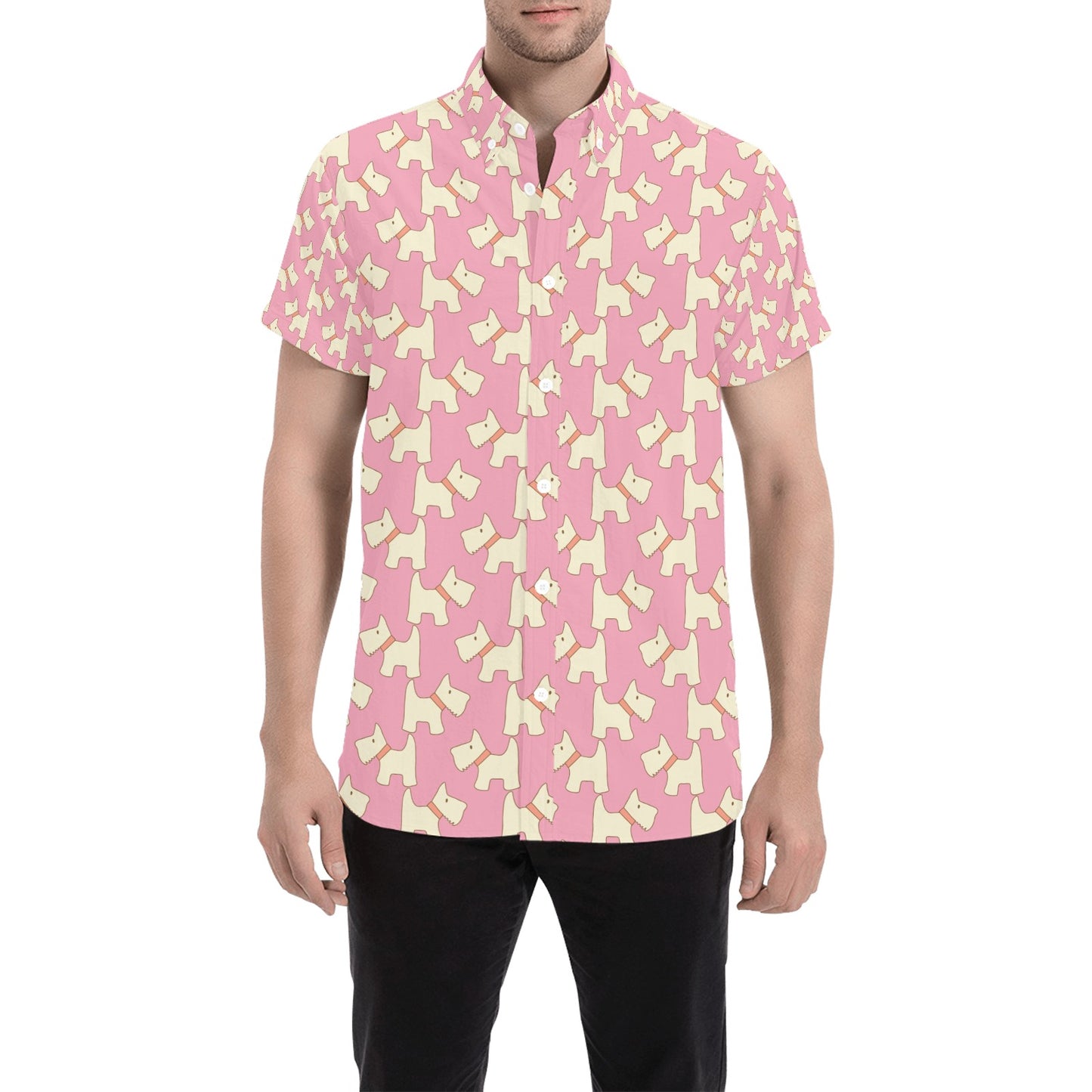 Scottish Terriers Print Design LKS306 Men Short Sleeve Button Up Shirt