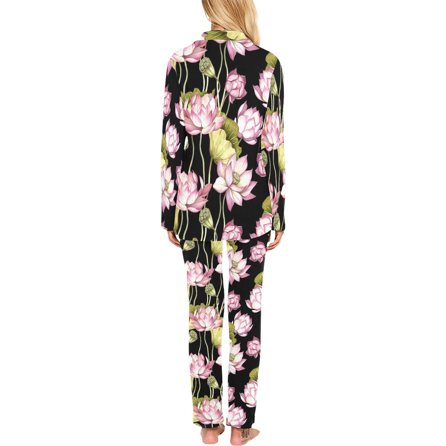 Water Lily Pattern Print Design WL06 Women's Long Pajama Set