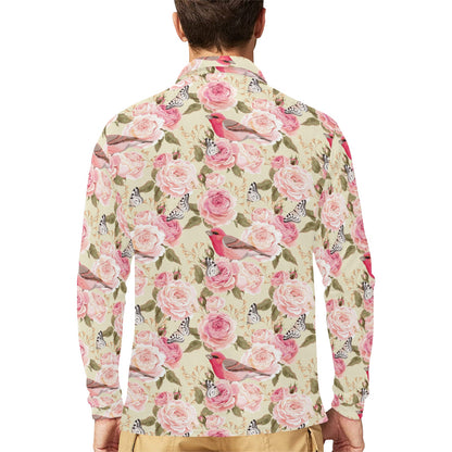 Bird Butterfly Pink Flower Print Pattern Long Sleeve Polo Shirt For Men's