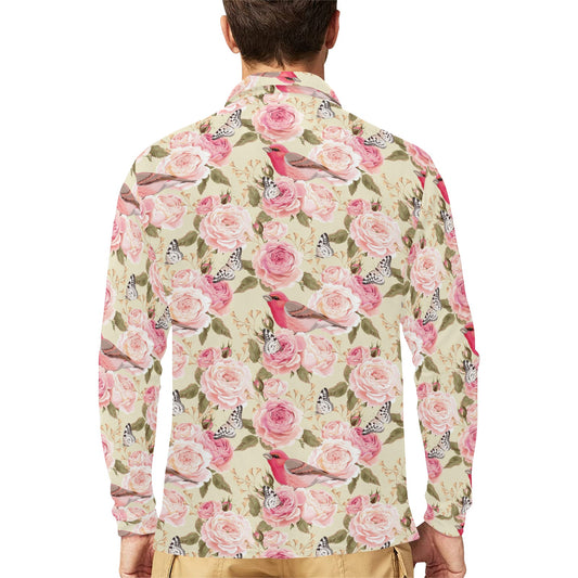 Bird Butterfly Pink Flower Print Pattern Long Sleeve Polo Shirt For Men's