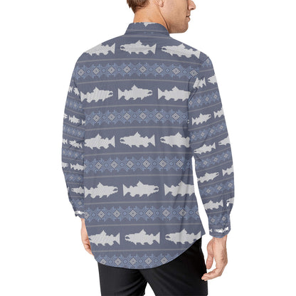 Salmon Fish Knit Style Print Design LKS304 Men's Long Sleeve Dress Shirt