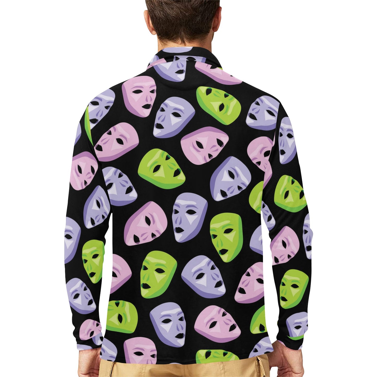 Acting Mask Pattern Print Design 04 Long Sleeve Polo Shirt For Men's