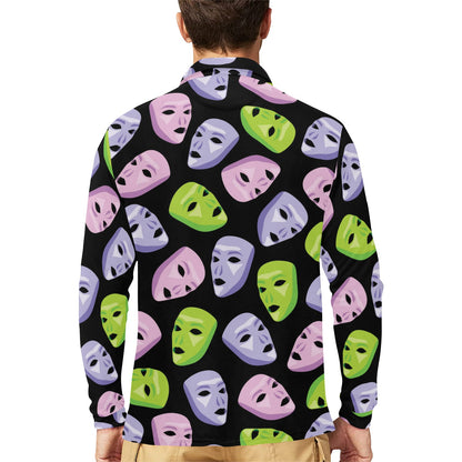 Acting Mask Pattern Print Design 04 Long Sleeve Polo Shirt For Men's