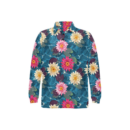 Water Lily Pattern Print Design WL05 Long Sleeve Polo Shirt For Men's