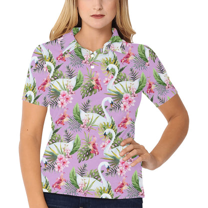 Swan with Flower Pattern Print Design 01 Women's Polo Shirt