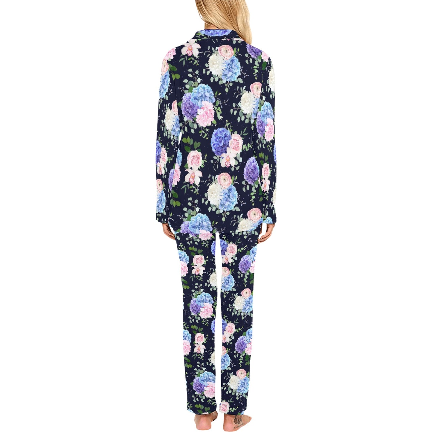 Hydrangea Pattern Print Design HD01 Women's Long Pajama Set