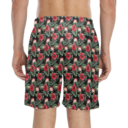 Flower Hawaiian Red Hibiscus Design Print Men's Swim Trunks Beach Shorts
