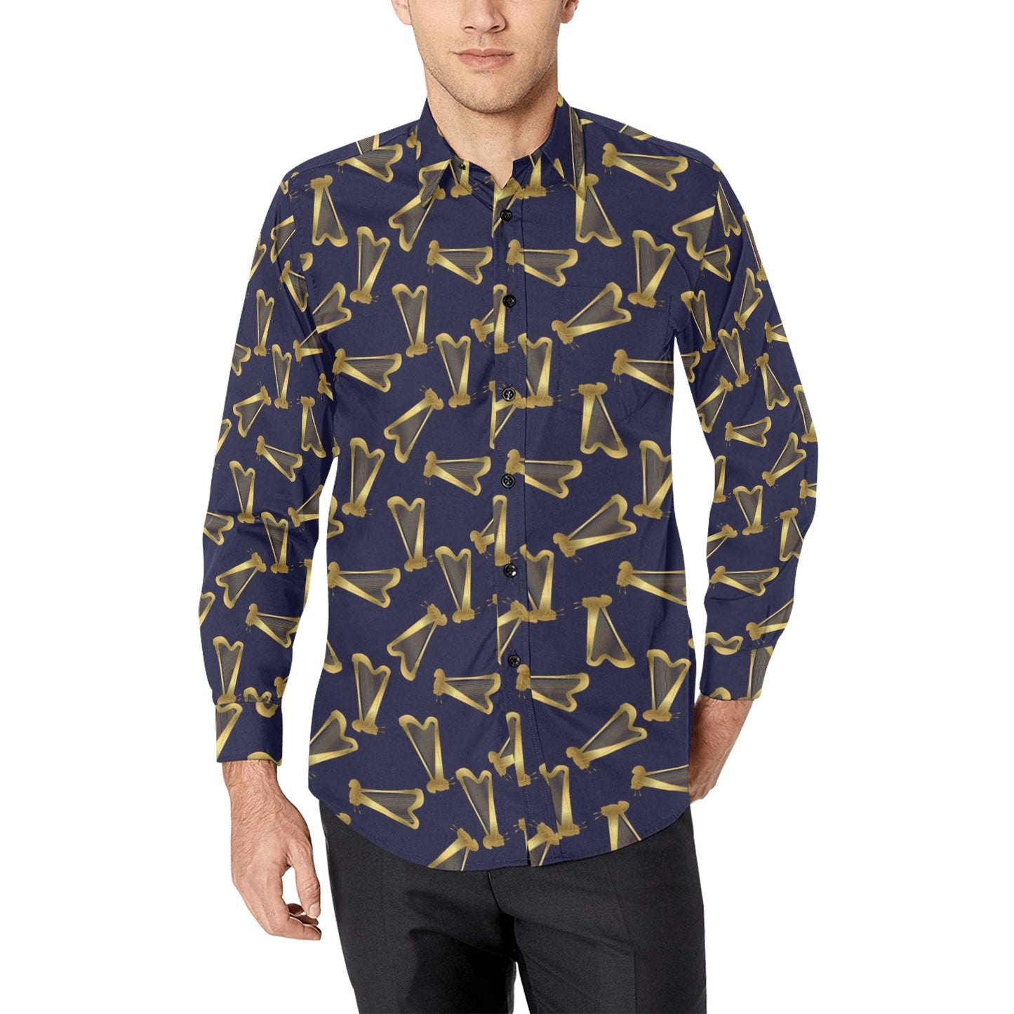 Harp Print Design LKS401 Men's Long Sleeve Dress Shirt