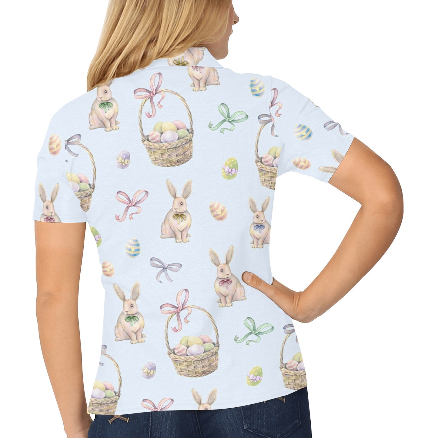 Rabbit Easter Eggs Pattern Print Design 03 Women's Polo Shirt
