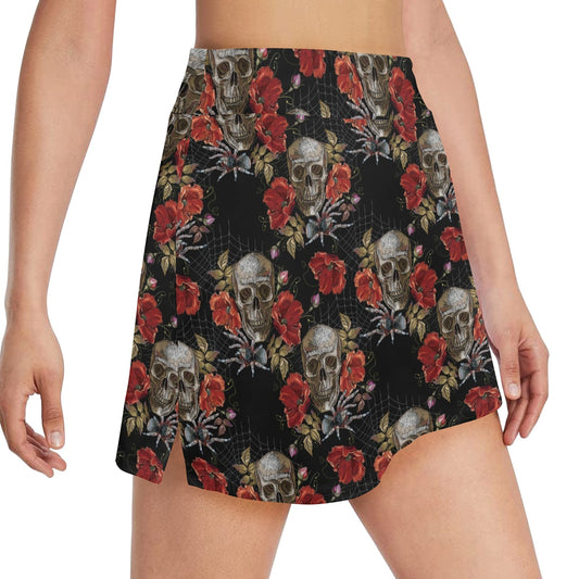 Spider Web Skull Rose Print Design LKS305 17" Golf & Pickleball Skort with Pockets