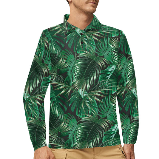 Tropical Flower Pattern Print Design TF012 Long Sleeve Polo Shirt For Men's