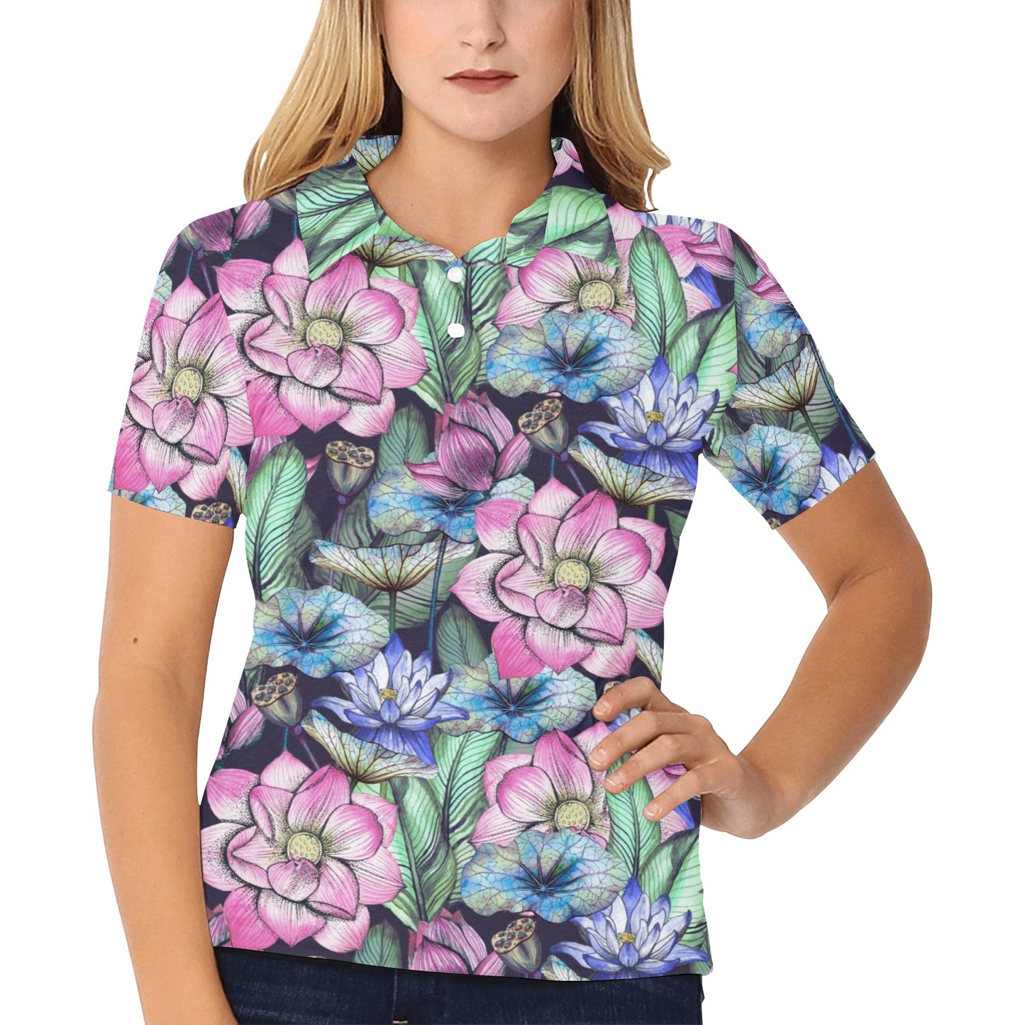 Water Lily Pattern Print Design WL07 Women's Polo Shirt