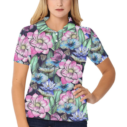 Water Lily Pattern Print Design WL07 Women's Polo Shirt