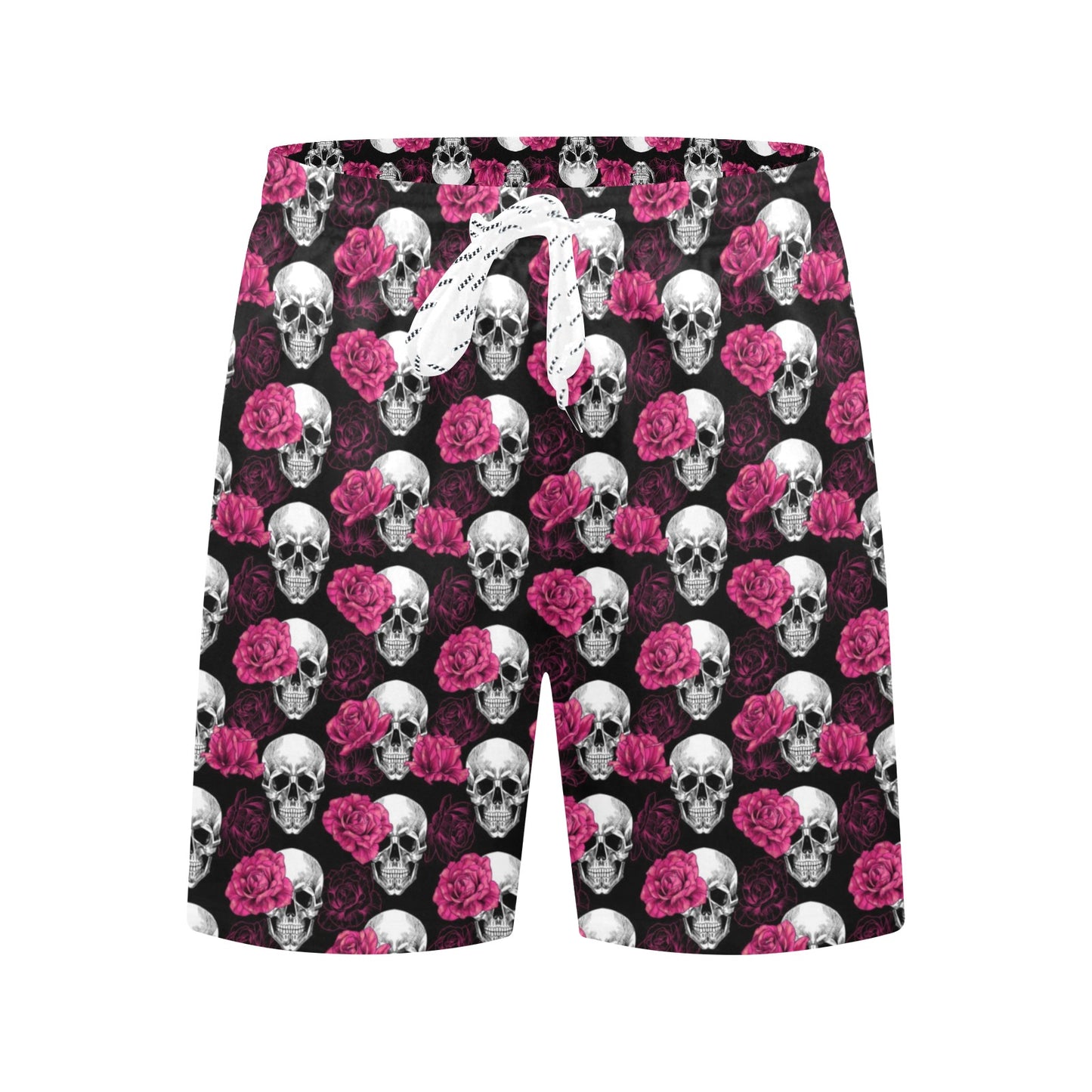 Pink Rose Skull Themed Print Men's Swim Trunks Beach Shorts