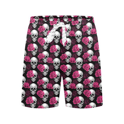 Pink Rose Skull Themed Print Men's Swim Trunks Beach Shorts