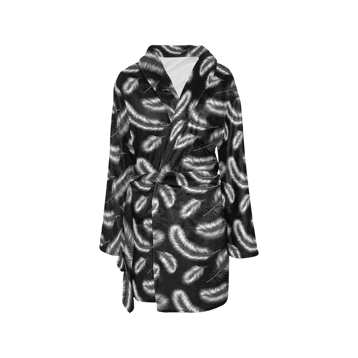 Feather Black White Design Print Women's Fleece Robe