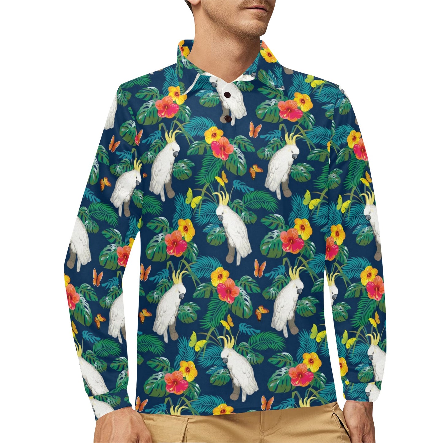 Cockatoo Tropical Pattern Print Design 02 Long Sleeve Polo Shirt For Men's