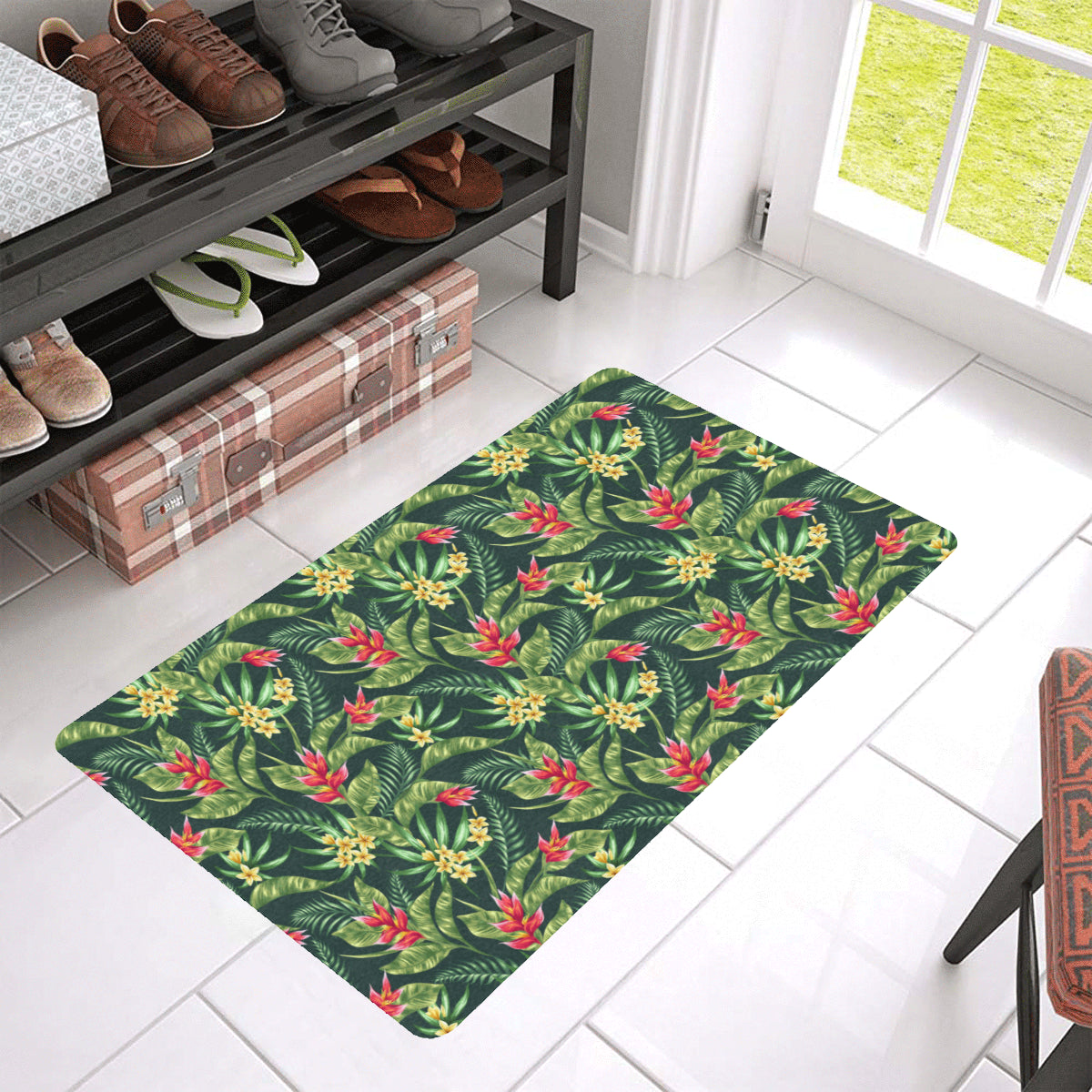 Tropical Folower Red Heliconia Print Rubber Doormat
