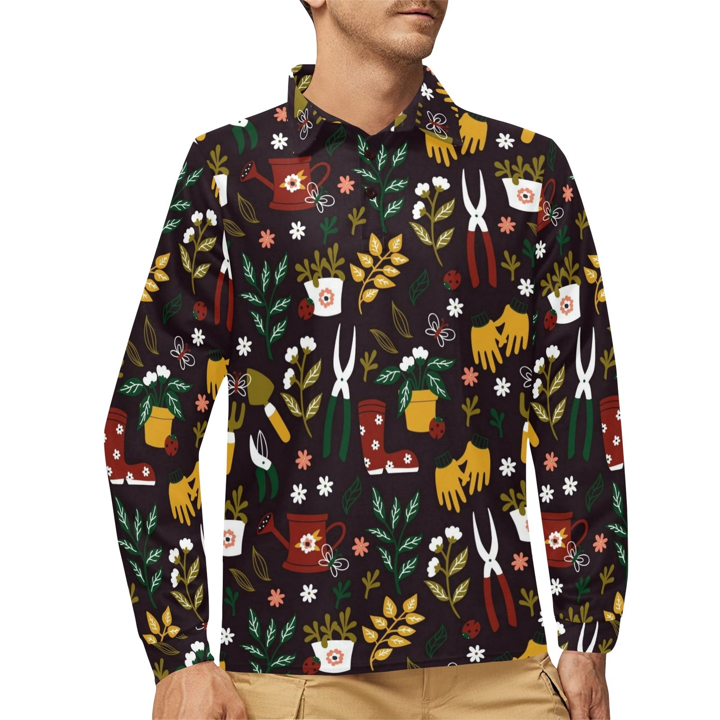 Gardening Pattern Print Design G05 Long Sleeve Polo Shirt For Men's