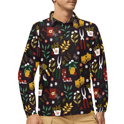 Gardening Pattern Print Design G05 Long Sleeve Polo Shirt For Men's